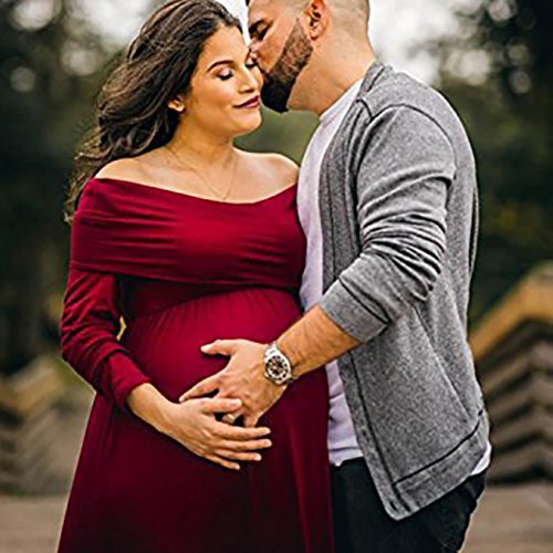 BEDAMAM Premamá Vestido de Manga Larga Maxi Falda Plisada con Encaje Flores para Mujer Casual Maternidad Vestido Fotografía Sexy Vestido de Embarazo Rojo S