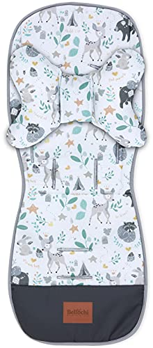 Bellochi Colchoneta Silla Paseo Verano - Colchoneta Carro Bebe Universal y Ventilado con Cojín Antichoque Tipo Mariposa - Certificado Oeko-Tex - Algodón y Terciopelo - Bambi Forest