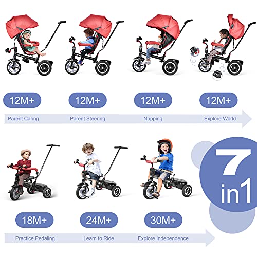 besrey Triciclo Evolutivo Bebé 7 en 1, Triciclo Asiento Giratorio, Empujar el Triciclos para Bebé con Capota Ajustable, Desmontable Control Parental, Trike Bicicletas para Niños de 1 a 6 Años