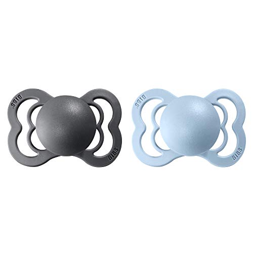 BIBS Supreme Paquete de 2 chupetes. Libre de BPA, Tetina con forma simétrica. Silicona, Talla 1 (0-6 meses), Iron / Baby Blue