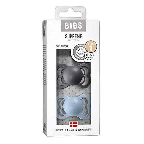 BIBS Supreme Paquete de 2 chupetes. Libre de BPA, Tetina con forma simétrica. Silicona, Talla 1 (0-6 meses), Iron / Baby Blue