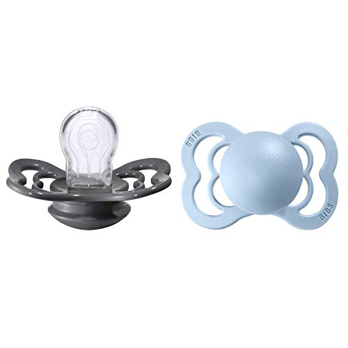 BIBS Supreme Paquete de 2 chupetes. Libre de BPA, Tetina con forma simétrica. Silicona, Talla 1 (0-6 meses), Iron / Baby Blue