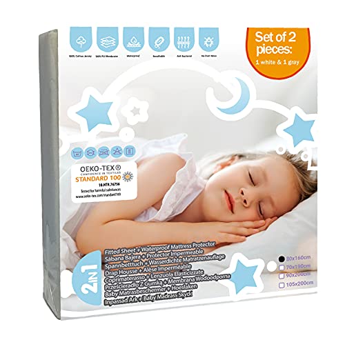 Bisoo Set de 2 Sabanas 80x160 Ajustables Protectoras e Impermeables 2en1 Cama Infantil - Sabana Bajera 80 x 160 + Protector de Colchón Bebé - 160GSM 100% Algodón Jersey Oeko-Tex (1 Blanco + 1 Gris)