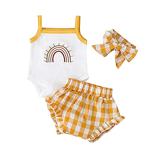 Bonfor 3 PC Ropa Bebe Niña 0-18 Meses Conjunto Verano Impresión de Arcoíris Mono de Floral + Pantalón Corto + Banda de Pelo para Recien Nacido Niño Algodon Barata (Amarillo~a, 6-9 Meses)