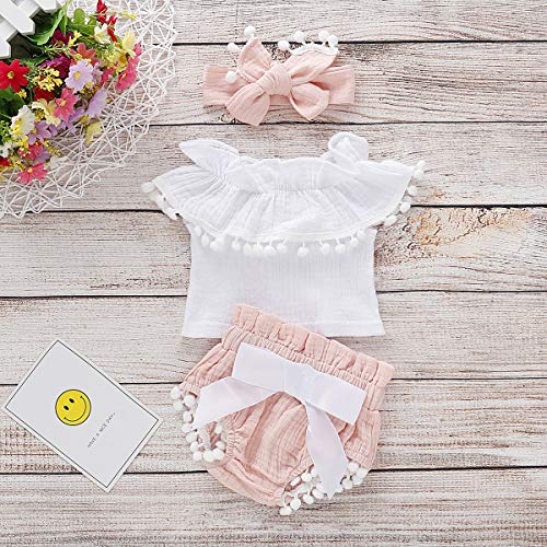 Bonfor 3 Piezas Ropa Bebe Niña 0-3 Meses Verano Algodon Mono de Volantes con Borla + Pantalón Corto + Banda de Pelo para 0-24 Meses Recien Nacido Niño (Rosa, 6-12 Meses)