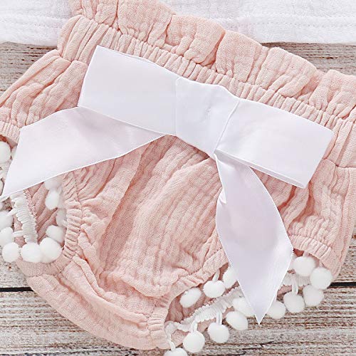 Bonfor 3 Piezas Ropa Bebe Niña 0-3 Meses Verano Algodon Mono de Volantes con Borla + Pantalón Corto + Banda de Pelo para 0-24 Meses Recien Nacido Niño (Rosa, 6-12 Meses)