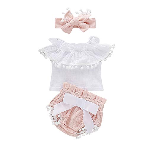 Bonfor 3 Piezas Ropa Bebe Niña 0-3 Meses Verano Algodon Mono de Volantes con Borla + Pantalón Corto + Banda de Pelo para 0-24 Meses Recien Nacido Niño (Rosa, 6-12 Meses)