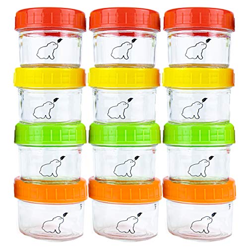 Budding Bear Contenedor Recipiente Comida de Bebé de Vidrio 120 ml (Set de 12) Apto para Lavavajillas, Congelador y Apto para Microondas (Sin Tapa) Libre de BPA, Ftalatos, Plomo y PVC - Reutilizables