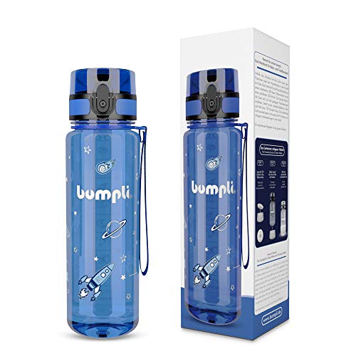 bumpli ® Botella Agua niños - 500ml - Botellas de Agua para niños - a Prueba de Fugas y sin BPA (01 Space | Azul)