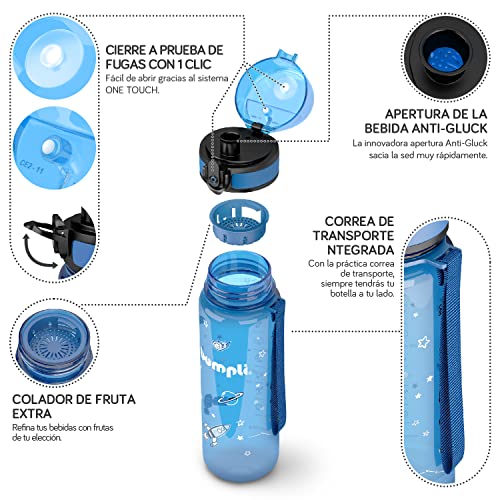 bumpli ® Botella Agua niños - 500ml - Botellas de Agua para niños - a Prueba de Fugas y sin BPA (01 Space | Azul)