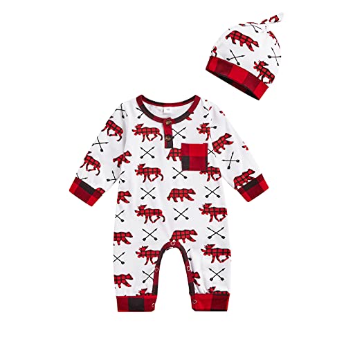 Burkashear Mono de Navidad para bebé, niño pequeño, niña, manga cordero, cuello redondo, mono con gorro, estampado de dibujos animados, pijama cálido de invierno para niños, rojo, 12-18 Meses