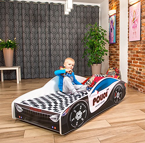 Cama infantil coche de carreras + somier (barandas) + colchón de espuma con cubierta 140x70 cm 160x80 cm 180x80 cm (160x80 cm (untill 8 jears), 13.Black Police)