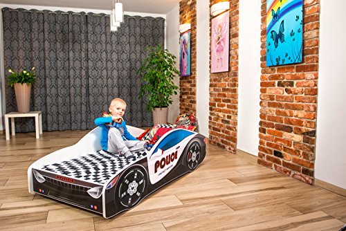 Cama infantil coche de carreras + somier (barandas) + colchón de espuma con cubierta 140x70 cm 160x80 cm 180x80 cm (160x80 cm (untill 8 jears), 13.Black Police)