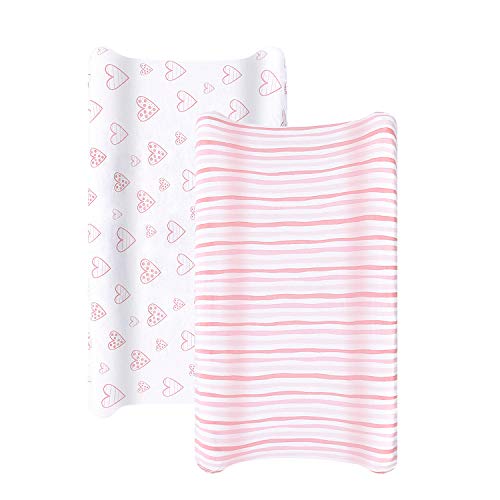 Cambiador de funda de punto de algodón ultra suave para bebés, paquete de 2 con estampado rosa, cambiador de cama, súper transpirable y elástico