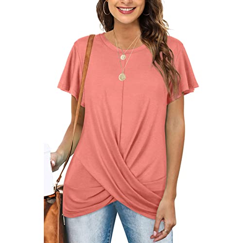 Camiseta de manga corta para mujer Camisetas de verano para mujer Camisas holgadas informales sólidas Cuello redondo Camiseta de túnica de color sólido informal Cuello plisada con giro sólido informal