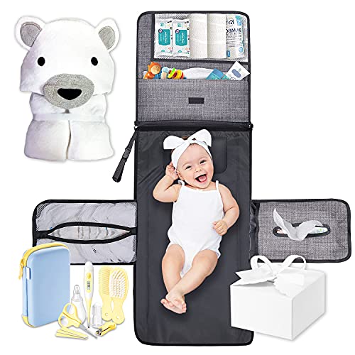 Canastilla Bebé Recién Nacido-Cesta regalo para bebes con cambiador bebé portátil junto con toalla bebe recién nacido y sonajero bebe con mordedor-Regalos originales para bebes recien nacidos