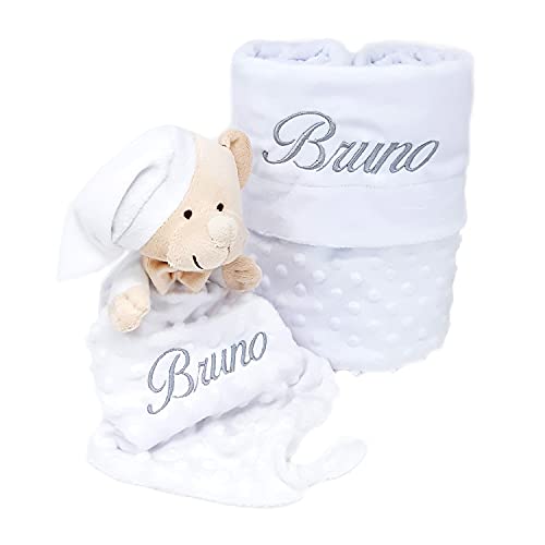 Cesta para Bebé Personalizada - Mabybox Mi Capricho - Manta Coralina, Dou dou Osito, Muselina de Lactancia y Cojín antivuelco Personalizados con el Nombre del recién Nacido - Regalo de Bebé. (Blanco)