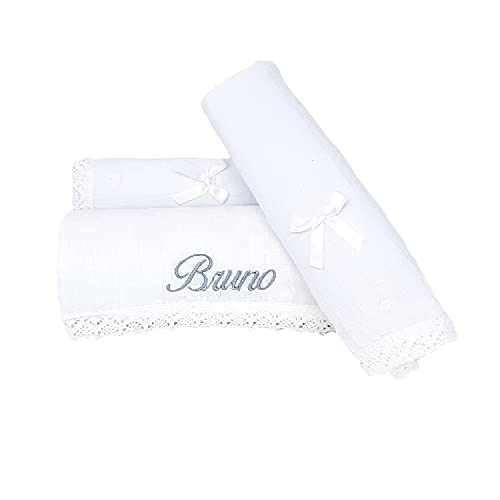 Cesta para Bebé Personalizada - Mabybox Mi Capricho - Manta Coralina, Dou dou Osito, Muselina de Lactancia y Cojín antivuelco Personalizados con el Nombre del recién Nacido - Regalo de Bebé. (Blanco)