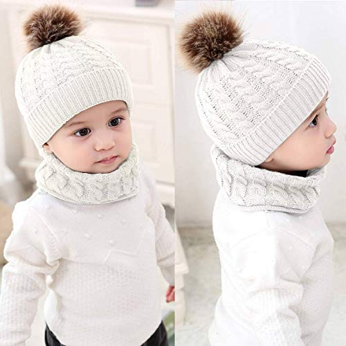 CheChury Niños Sombrero y Bufanda Conjunto Unisex Niños Niñas Invierno Bebe Gorros con Pompon Y Bufanda de Punto Cuello Redondo para 0-24 Meses Niña Niño