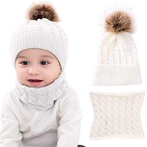 CheChury Niños Sombrero y Bufanda Conjunto Unisex Niños Niñas Invierno Bebe Gorros con Pompon Y Bufanda de Punto Cuello Redondo para 0-24 Meses Niña Niño