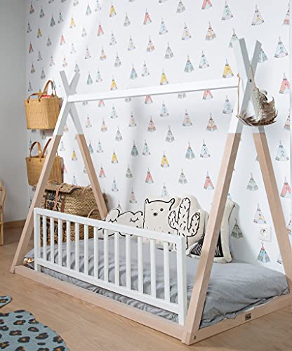 CHILDHOME B140TIPI - Cama Infantil de Madera de Haya, Estructura Robusta de Madera, fácil de Montar, Cama Individual, 70 x 140 cm, Color Natural y Blanco