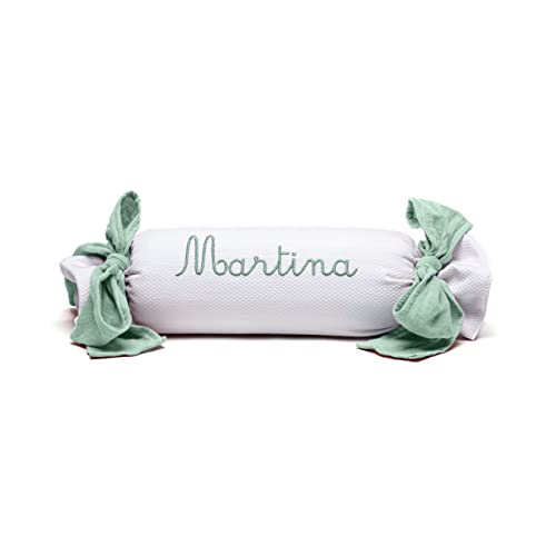 Cojín para Bebé Personalizado – Cojín Cuna Personalizado - Caramelo bebé con Nombre - Rulo bebé Personalizado - Cojín Cuna bebé - Cojín Recién Nacido - Bambula - Nenel (Verde Menta)