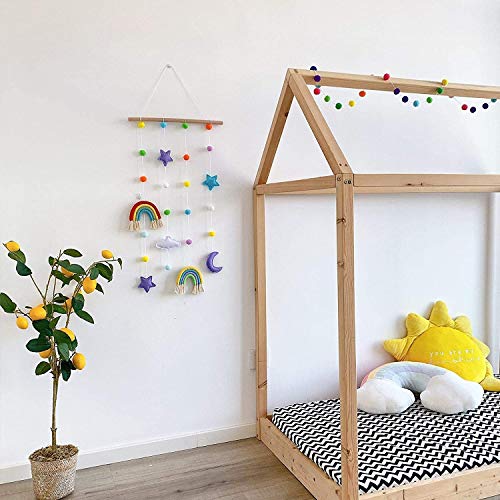 Colgador de fotos para colgar fotos para habitación de niños, hecho a mano, decoración de pared, diseño de pompones de arco iris, decoración de fondo de macramé para colgar en la pared