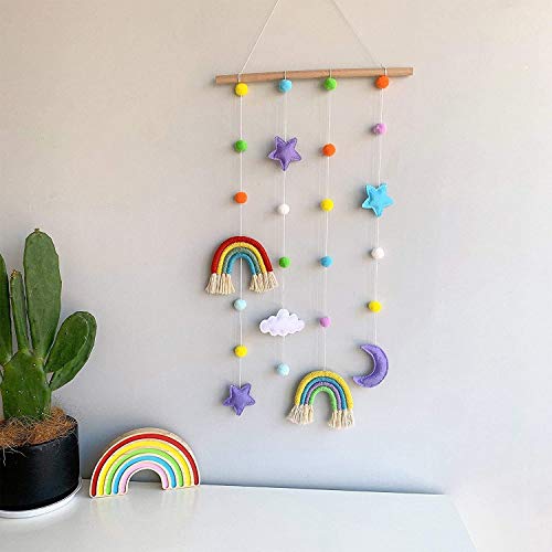 Colgador de fotos para colgar fotos para habitación de niños, hecho a mano, decoración de pared, diseño de pompones de arco iris, decoración de fondo de macramé para colgar en la pared