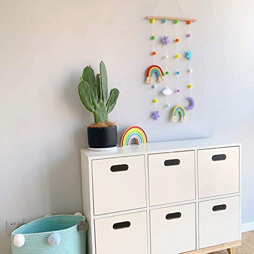 Colgador de fotos para colgar fotos para habitación de niños, hecho a mano, decoración de pared, diseño de pompones de arco iris, decoración de fondo de macramé para colgar en la pared