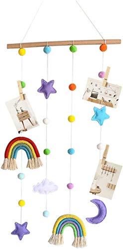 Colgador de fotos para colgar fotos para habitación de niños, hecho a mano, decoración de pared, diseño de pompones de arco iris, decoración de fondo de macramé para colgar en la pared