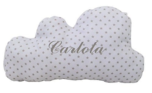 Conjunto Cojines Decorativos para bebé Bordados con el Nombre - Cojines Decorativos Cuna Grabados con Nombre - Cojines Infantiles Personalizados Forma de Luna y Nube - Estrellas - Gris/Blanco - Nenel