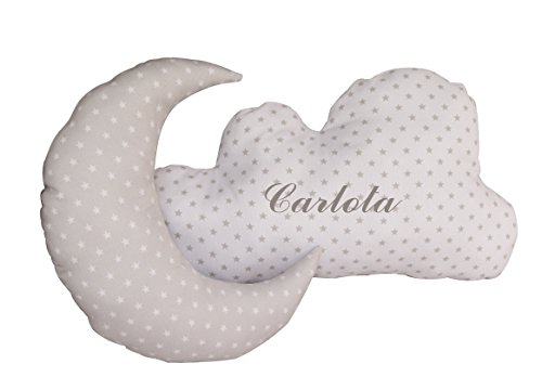 Conjunto Cojines Decorativos para bebé Bordados con el Nombre - Cojines Decorativos Cuna Grabados con Nombre - Cojines Infantiles Personalizados Forma de Luna y Nube - Estrellas - Gris/Blanco - Nenel