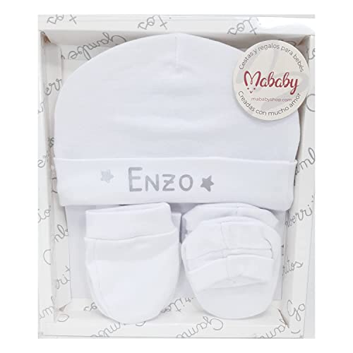 Conjunto de 3 piezas de recién nacido – Gorrito personalizado con el nombre del bebé, manoplas y patucos – Regalos personalizados para bebés. (blanco)