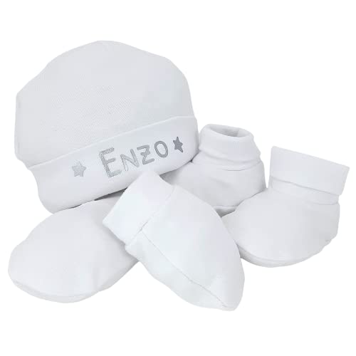 Conjunto de 3 piezas de recién nacido – Gorrito personalizado con el nombre del bebé, manoplas y patucos – Regalos personalizados para bebés. (blanco)