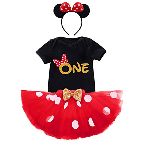 Conjunto de ropa de primer cumpleaños para recién nacido, diseño de Minnie con lunares, mono con volantes, vestido de lentejuelas y diadema de ratón, disfraz de princesa