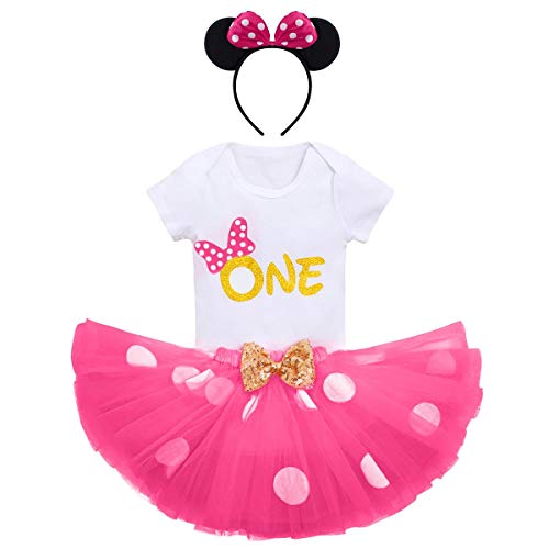 Conjunto de ropa de primer cumpleaños para recién nacido, diseño de Minnie con lunares, mono con volantes, vestido de lentejuelas y diadema de ratón, disfraz de princesa