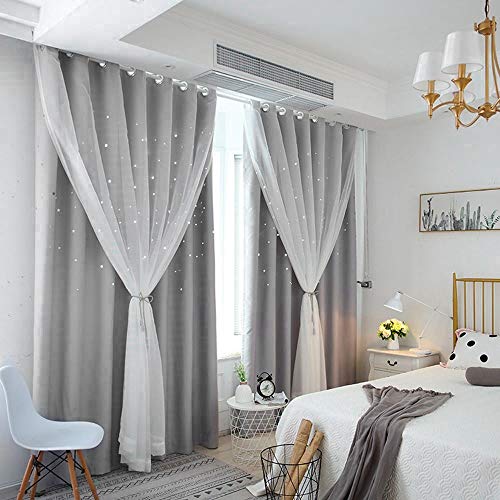 Cortinas Opacas de Estrellas, Cortinas de Ventana de Estrella de Doble Capa Elegantes Cortina de Ventana Estrella Cortinas para Dormitorio Niña, Sala de Estar, 2 Paneles (Gris, 130 x 240 cm (L *A))