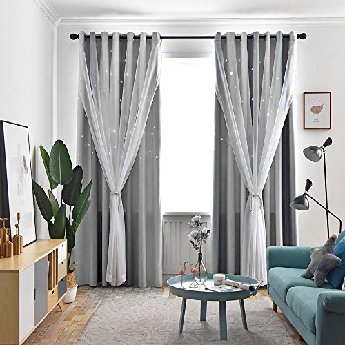 Cortinas Opacas de Estrellas, Cortinas de Ventana de Estrella de Doble Capa Elegantes Cortina de Ventana Estrella Cortinas para Dormitorio Niña, Sala de Estar, 2 Paneles (Gris, 130 x 240 cm (L *A))