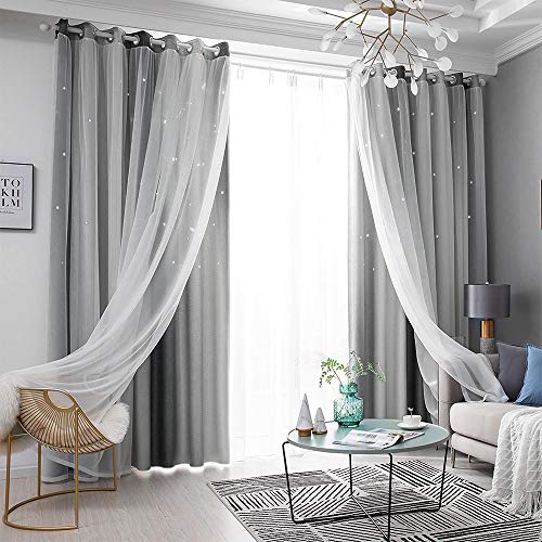 Cortinas Opacas de Estrellas, Cortinas de Ventana de Estrella de Doble Capa Elegantes Cortina de Ventana Estrella Cortinas para Dormitorio Niña, Sala de Estar, 2 Paneles (Gris, 130 x 240 cm (L *A))