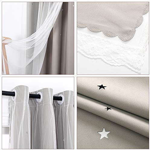 Cortinas Opacas de Estrellas, Cortinas de Ventana de Estrella de Doble Capa Elegantes Cortina de Ventana Estrella Cortinas para Dormitorio Niña, Sala de Estar, 2 Paneles (Gris, 130 x 240 cm (L *A))