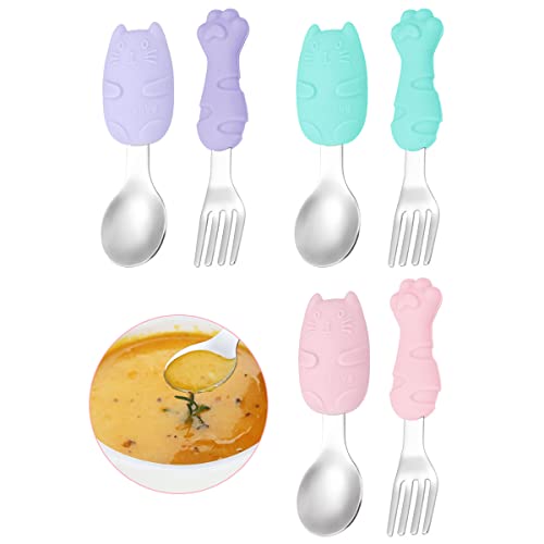 Cubiertos Para Niños,Animales De Dibujos Set de Tenedor y Cuchara para Bebés para bebe Aprendizaje Tenedor y Cuchara de Acero Inoxidable para Niños,Pack de 6 Cubiertos Para Niños