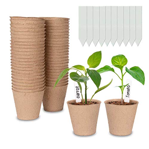 Cymax 50 Piezas Macetas de Turba Biodegradables, Macetas redondas de fibra de 8 cm con 50 etiquetas de plantas, plantas de hierbas biodegradables,flores,semillas de inicio,macetas de jard