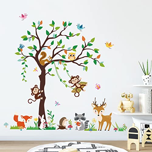 decalmile Pegatinas de Pared Bosque Animales Árbol Vinilos Decorativos Mono Ciervo Zorro Adhesivos Pared Habitación Infantiles Niños Bebés Guardería