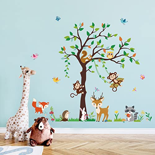 decalmile Pegatinas de Pared Bosque Animales Árbol Vinilos Decorativos Mono Ciervo Zorro Adhesivos Pared Habitación Infantiles Niños Bebés Guardería