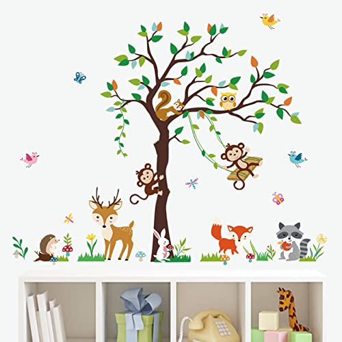 decalmile Pegatinas de Pared Bosque Animales Árbol Vinilos Decorativos Mono Ciervo Zorro Adhesivos Pared Habitación Infantiles Niños Bebés Guardería