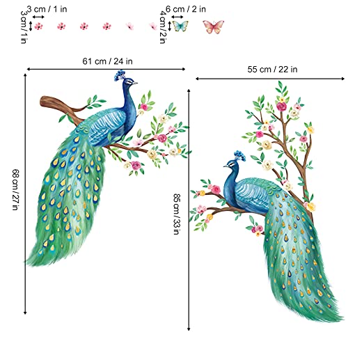 decalmile Pegatinas de Pared Pavo Real Vinilos Decorativos Flor de Aves Arbol Adhesivos Pared Salón Dormitorio Oficina