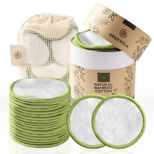 Discos desmaquillantes reutilizables Greenzla (20uds) con bolsa de lavandería lavable y caja de almacenamiento, bambú natural y algodón orgánico, Algodones desmaquillantes ecológicos reutilizables