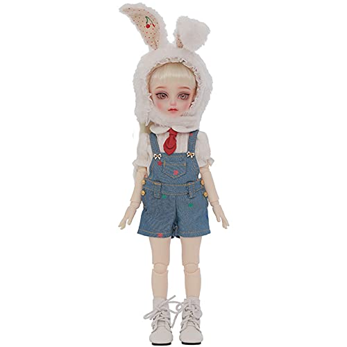 Doll 1/6 Lovely SD Dolls 27.8cm 10.9 Inch 18 Ball Jointed Doll DIY Toys with Doll Body Hair Wig Clothes Shoes Rabbit Hat Makeup for Surprise Birthday Gift (A)