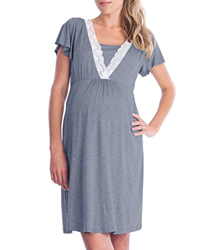 DOTBUY Mujer Camisón, Premamá Lactancia Vestido de Lactancia Maternidad de Noche Camisón Mujeres Embarazadas Ropa de Dormir Pijama Verano Encaje (S, Gris)