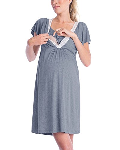 DOTBUY Mujer Camisón, Premamá Lactancia Vestido de Lactancia Maternidad de Noche Camisón Mujeres Embarazadas Ropa de Dormir Pijama Verano Encaje (S, Gris)